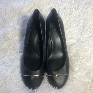 Tory Burch Tiffy Black Leather Cap Toe Wedges